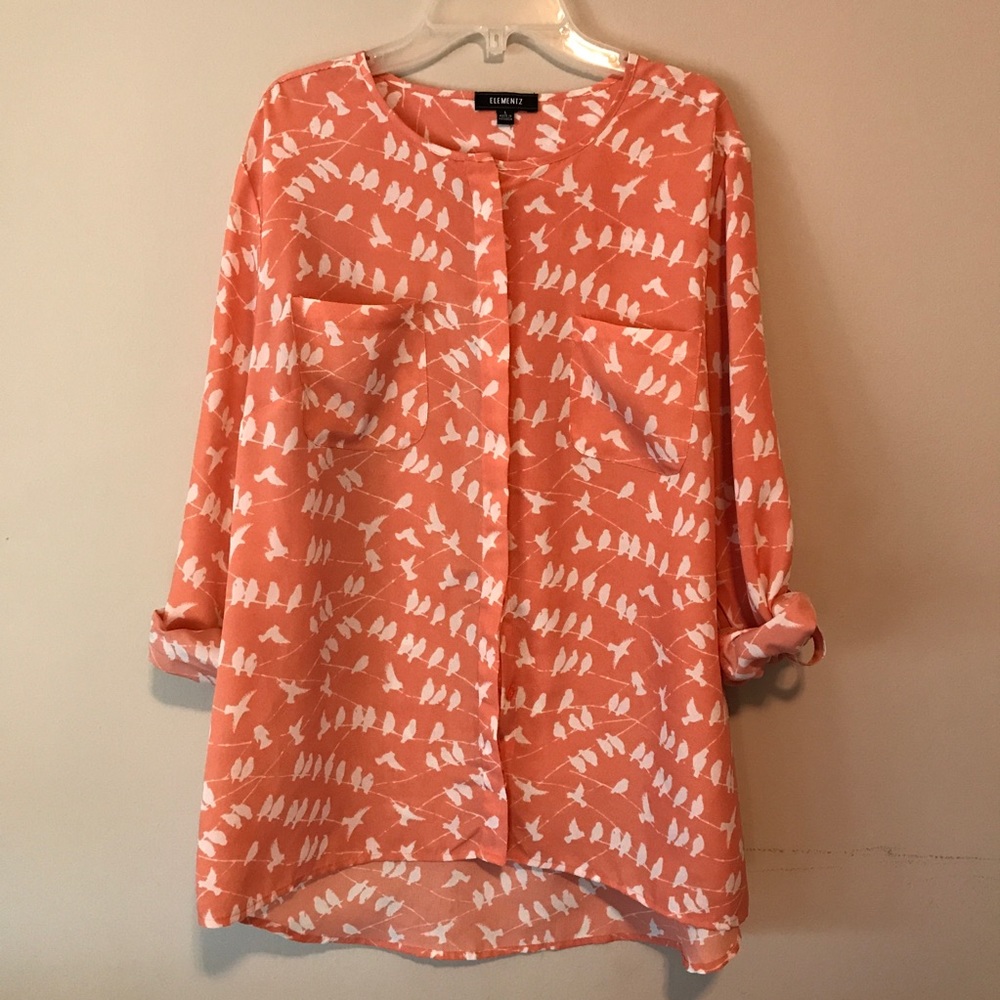 Pink and White Bird Print Roll Tab Blouse